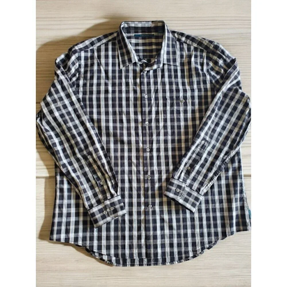 Perry Ellis Top Mens XXL Long Sleeve Button‎ Up Black Beige Plaid Cotton *READ*